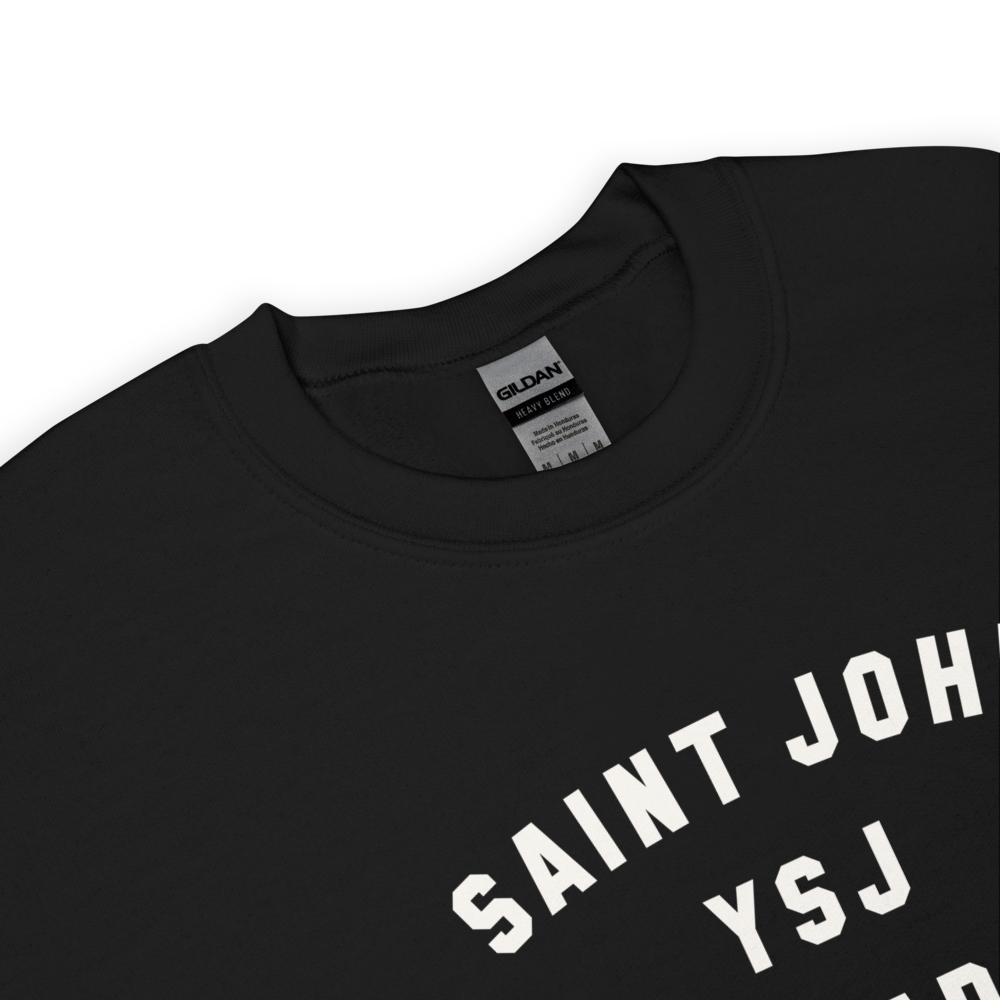 YHM Designs - YSJ Saint John Airport Code Unisex Sweatshirt - Minimalist Varsity Design - White Graphic - Image 06