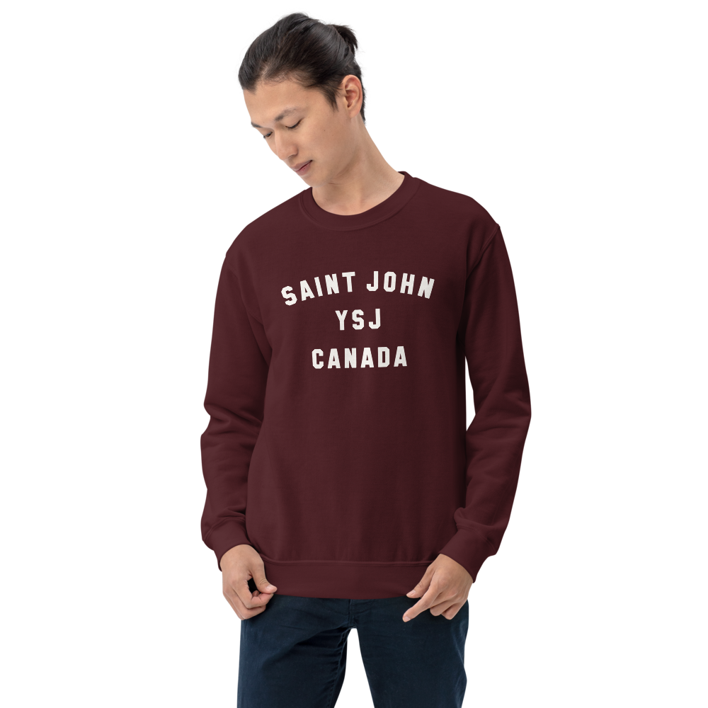YHM Designs - YSJ Saint John Airport Code Unisex Sweatshirt - Minimalist Varsity Design - White Graphic - Image 08