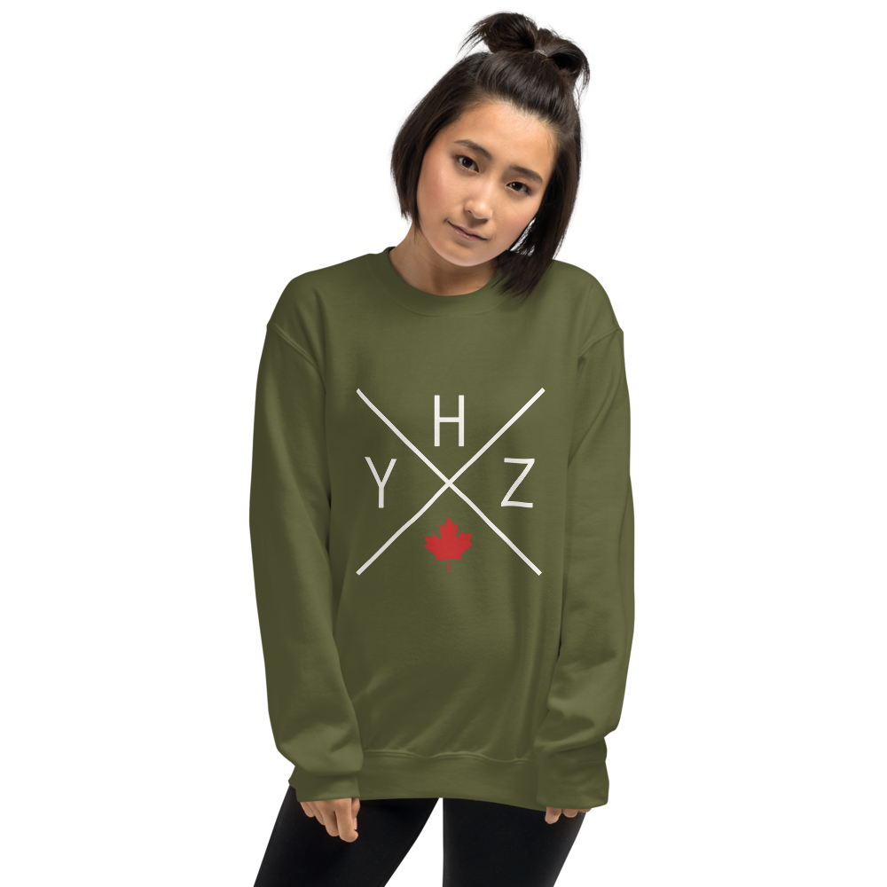 YHM Designs - YHZ Halifax Airport Code Unisex Sweatshirt - Crossed-X Design with Red Canadian Maple Leaf - Image 09