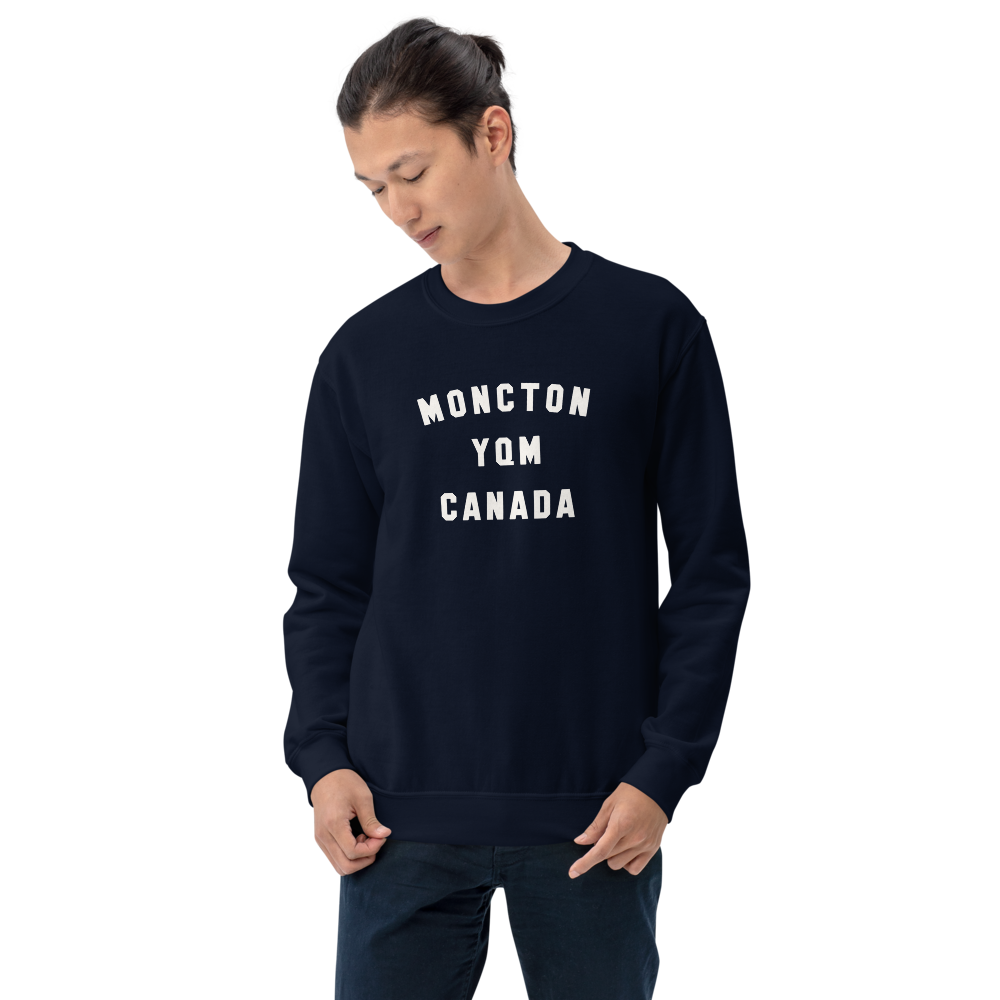 YHM Designs - YQM Moncton Airport Code Unisex Sweatshirt - Minimalist Varsity Design - White Graphic - Image 07