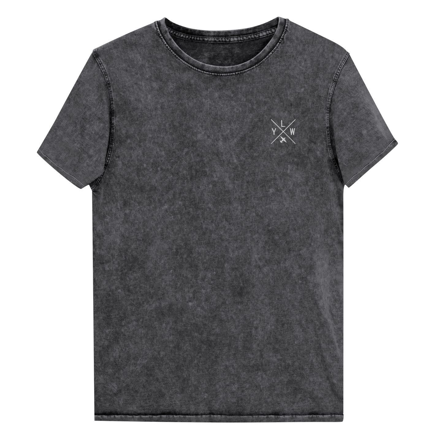 YHM Designs - YLW Kelowna Denim T-Shirt - Crossed-X Design with Airport Code and Vintage Propliner - White Embroidery - Image 02