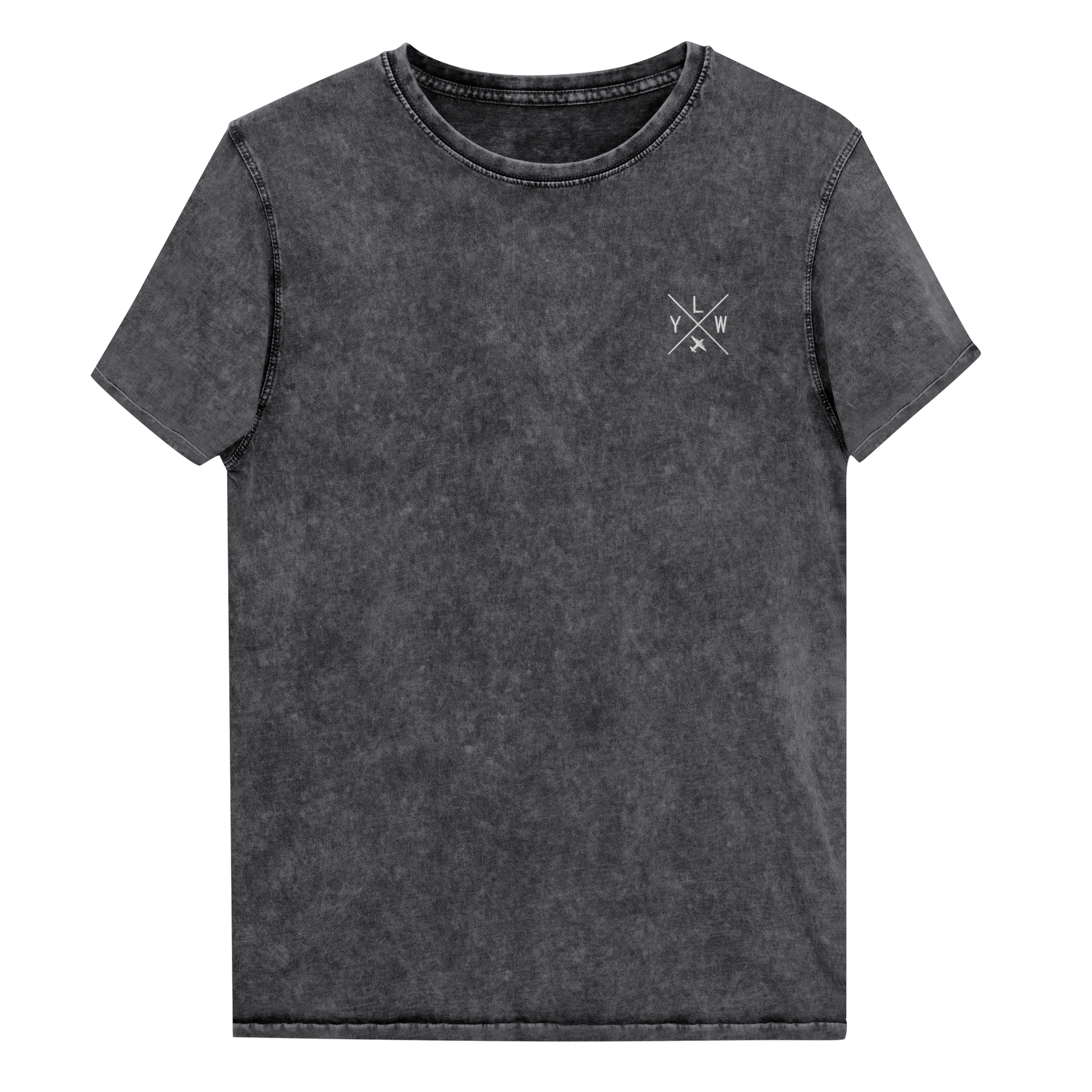 YHM Designs - YLW Kelowna Denim T-Shirt - Crossed-X Design with Airport Code and Vintage Propliner - White Embroidery - Image 02