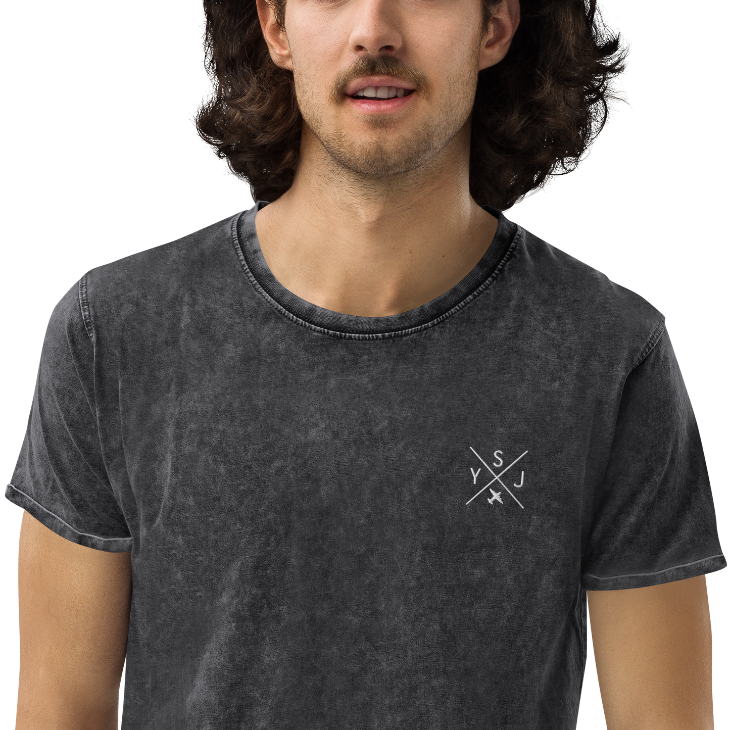 YHM Designs - YSJ Saint John Denim T-Shirt - Crossed-X Design with Airport Code and Vintage Propliner - White Embroidery - Image 07