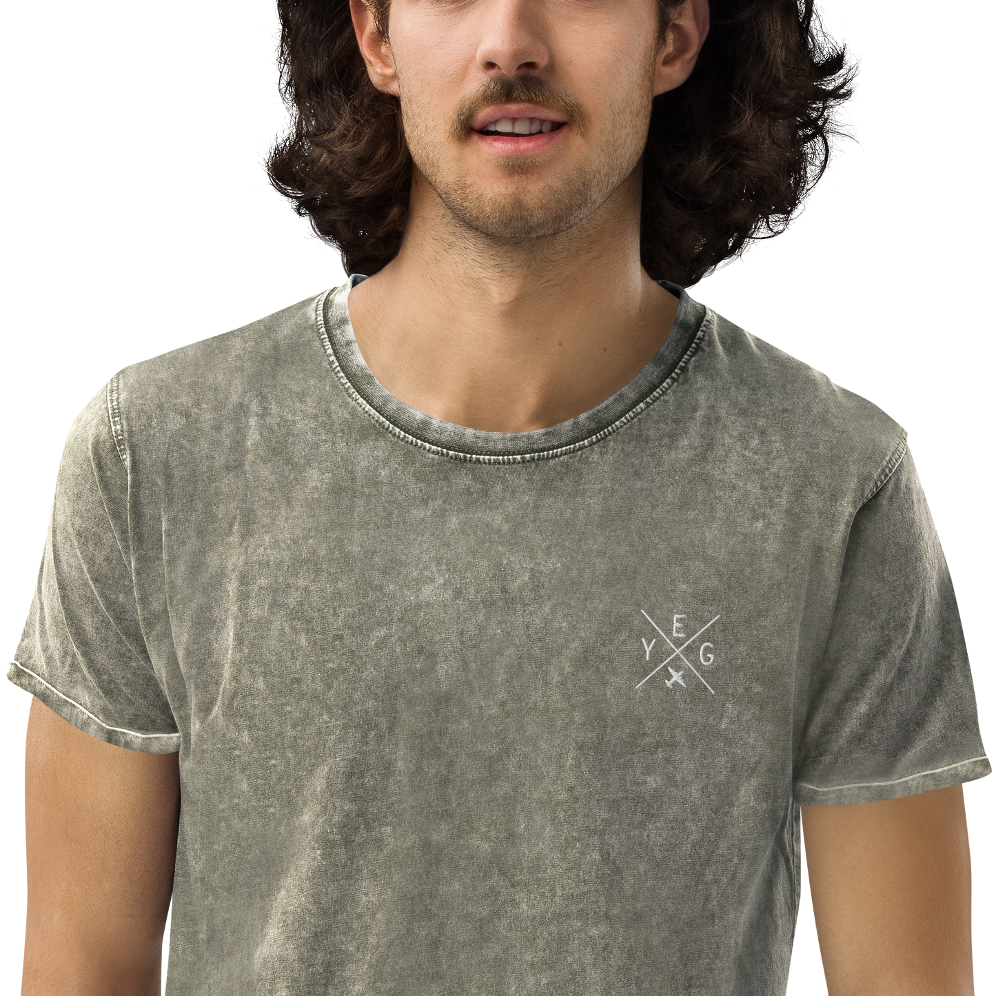 YHM Designs - YEG Edmonton Denim T-Shirt - Crossed-X Design with Airport Code and Vintage Propliner - White Embroidery - Image 11