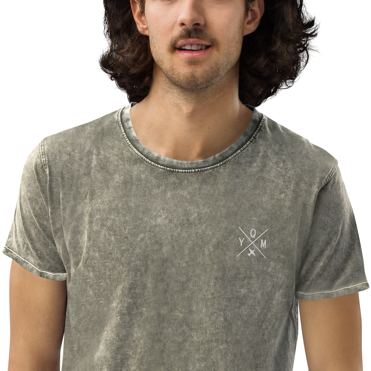 YHM Designs - YQM Moncton Denim T-Shirt - Crossed-X Design with Airport Code and Vintage Propliner - White Embroidery - Image 11