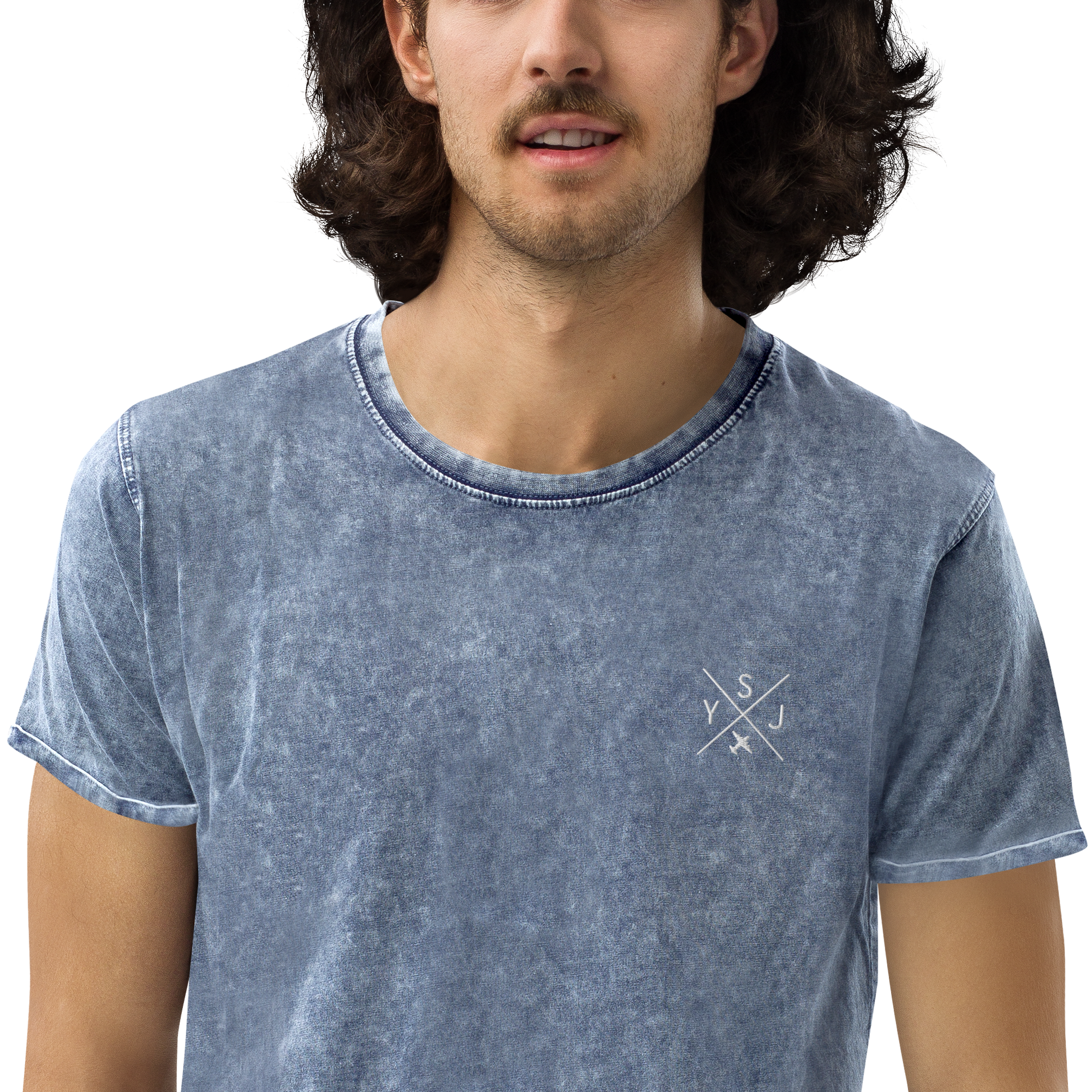 YHM Designs - YSJ Saint John Denim T-Shirt - Crossed-X Design with Airport Code and Vintage Propliner - White Embroidery - Image 12