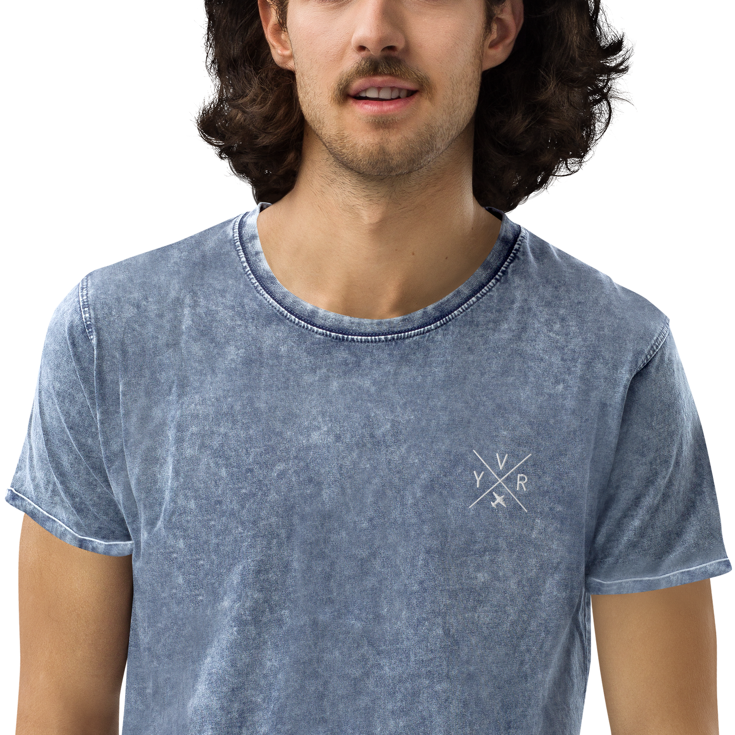YHM Designs - YVR Vancouver Denim T-Shirt - Crossed-X Design with Airport Code and Vintage Propliner - White Embroidery - Image 12