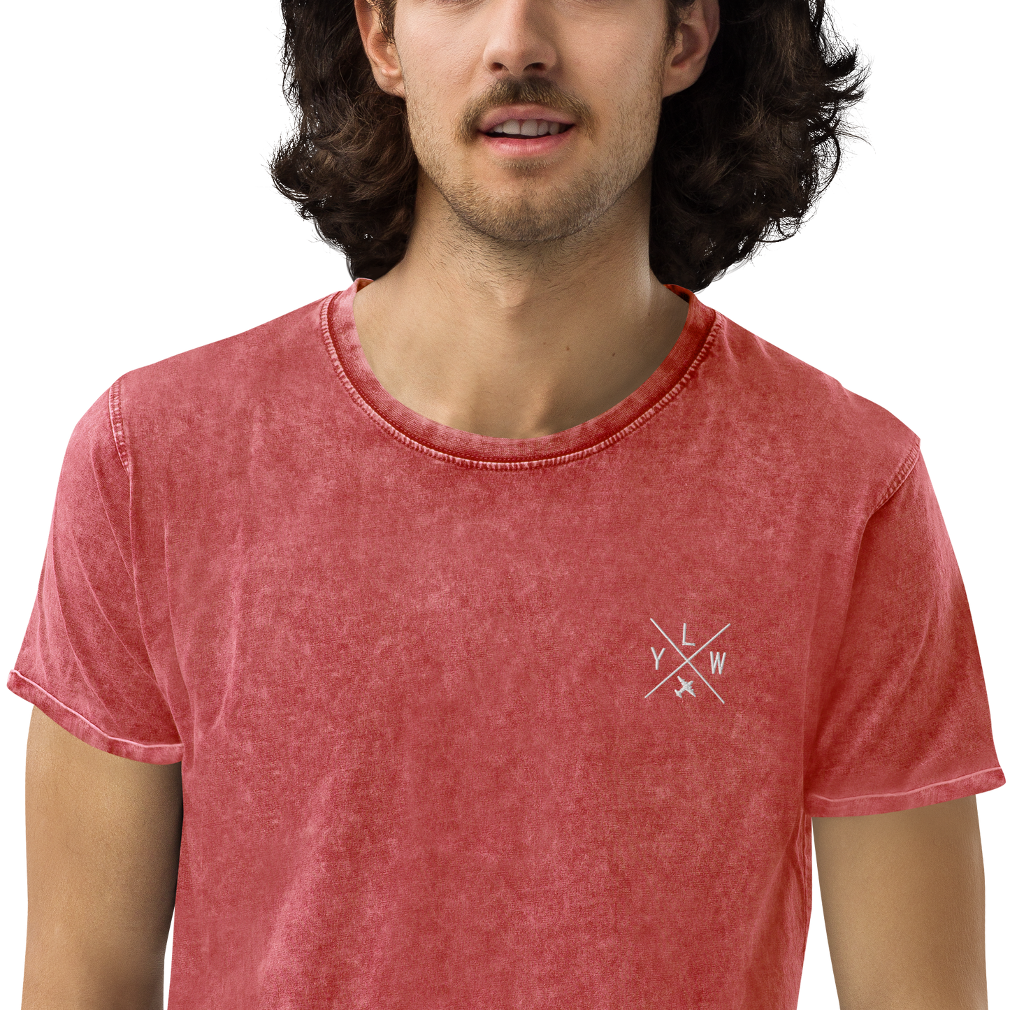 YHM Designs - YLW Kelowna Denim T-Shirt - Crossed-X Design with Airport Code and Vintage Propliner - White Embroidery - Image 09