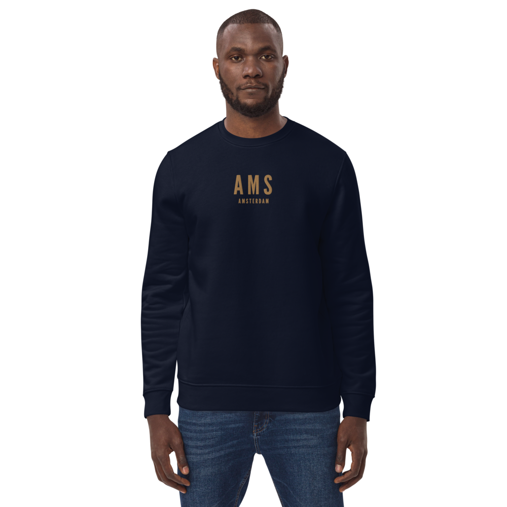 YHM Designs - AMS Amsterdam Sustainable Eco Sweatshirt - Embroidered with City Name and Airport Code - Image 01