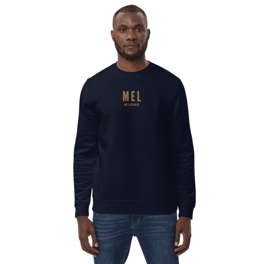YHM Designs - MEL Melbourne Sustainable Eco Sweatshirt - Embroidered with City Name and Airport Code - Image 01