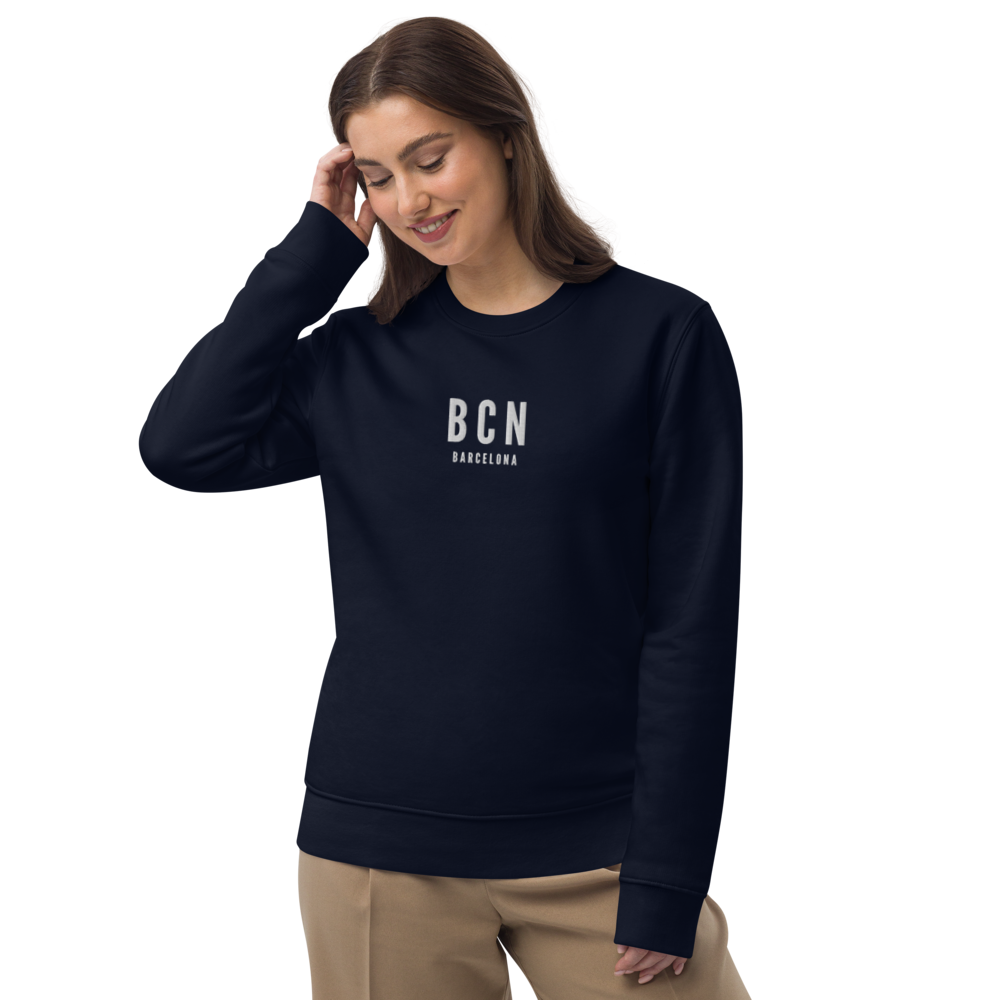 YHM Designs - BCN Barcelona Sustainable Eco Sweatshirt - Embroidered with City Name and Airport Code - Image 05