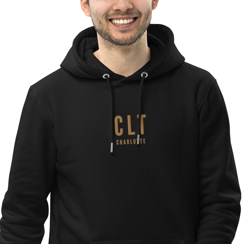 YHM Designs - CLT Charlotte Eco Hoodie - Embroidered with City Name and Airport Code - Black 01