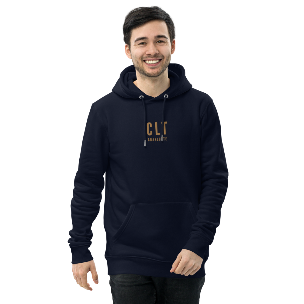 YHM Designs - CLT Charlotte Eco Hoodie - Embroidered with City Name and Airport Code - French Navy Blue 01