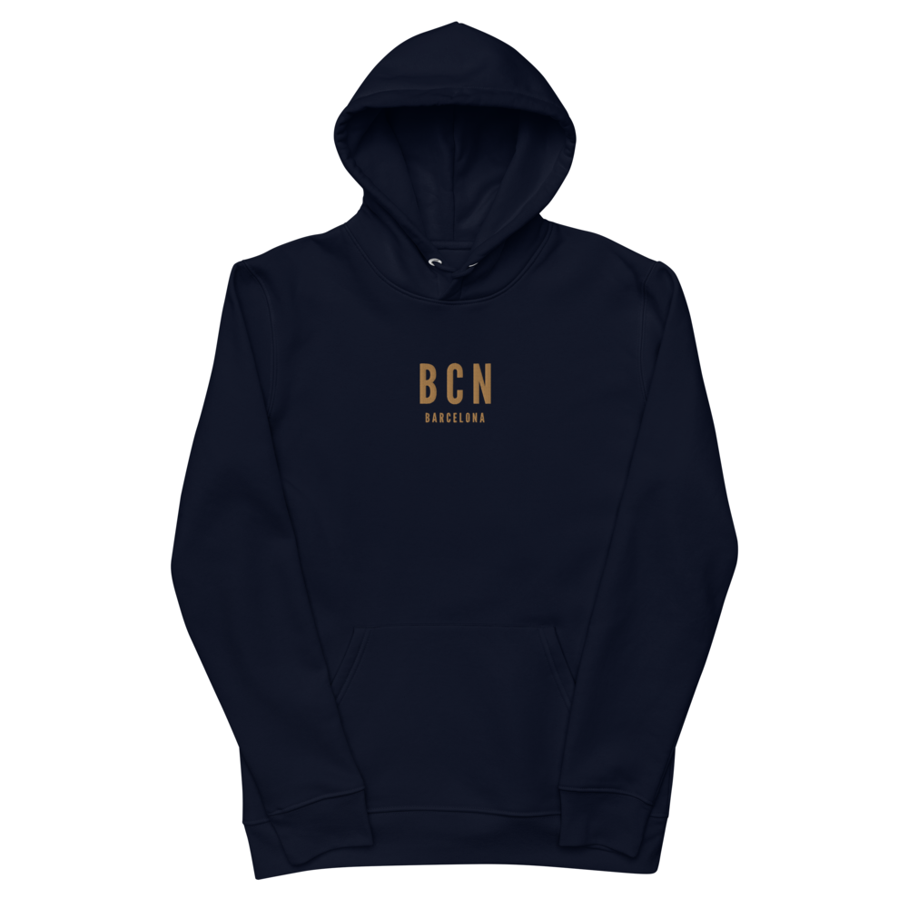 YHM Designs - BCN Barcelona Eco Hoodie - Embroidered with City Name and Airport Code - Image 02