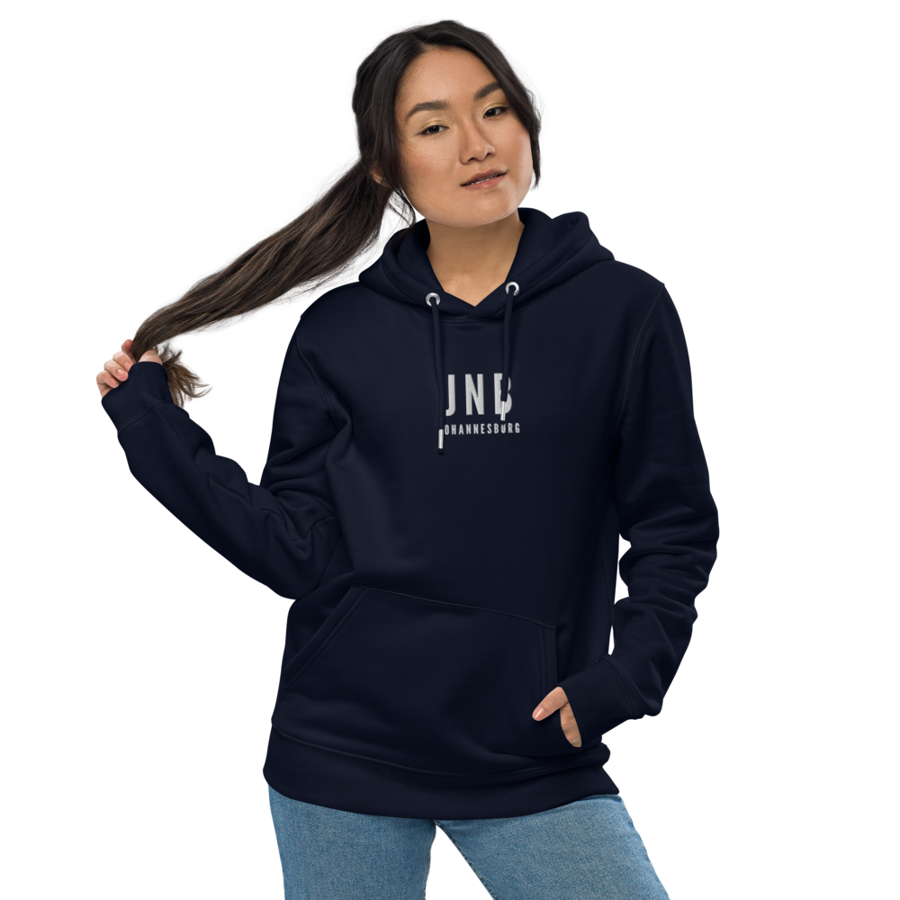 YHM Designs - JNB Johannesburg Eco Hoodie - Embroidered with City Name and Airport Code - Image 05
