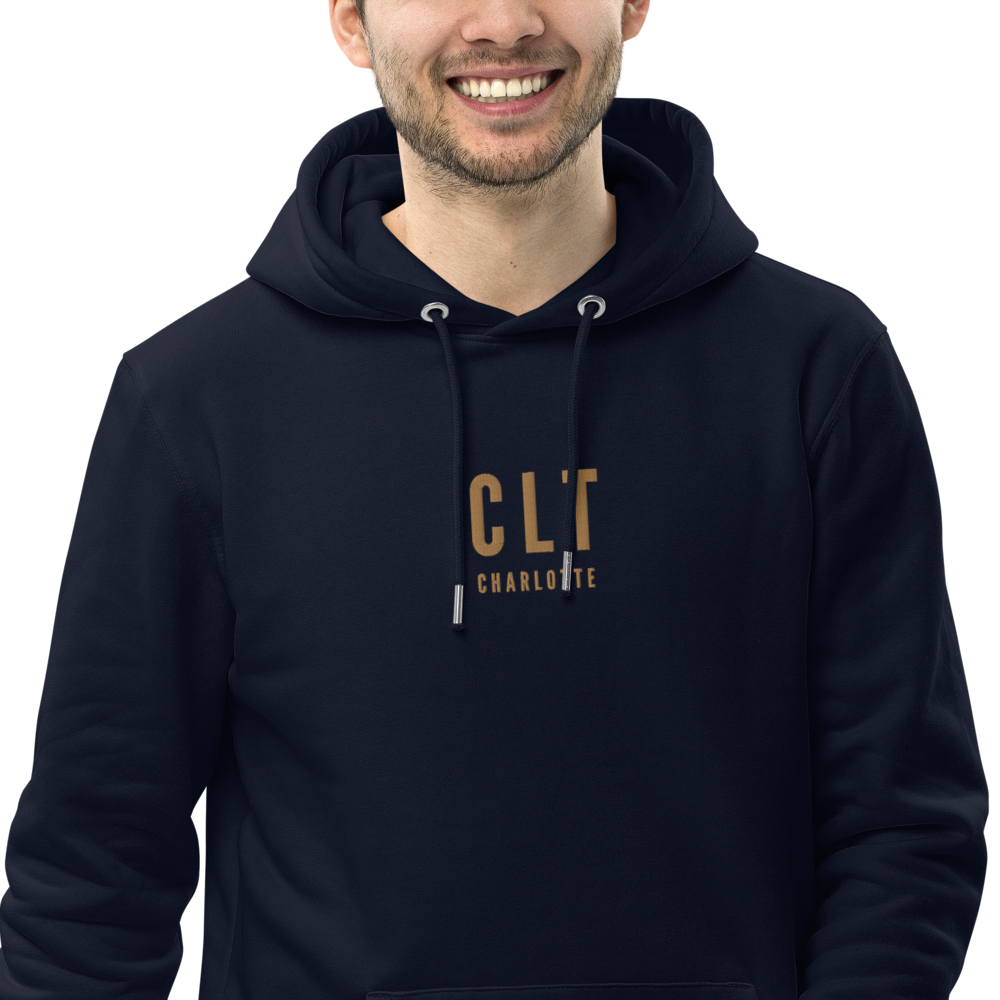 YHM Designs - CLT Charlotte Eco Hoodie - Embroidered with City Name and Airport Code - French Navy Blue 05