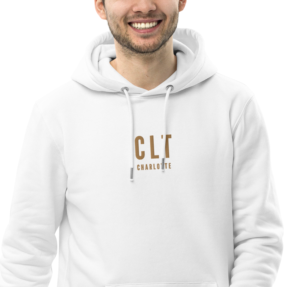 YHM Designs - CLT Charlotte Eco Hoodie - Embroidered with City Name and Airport Code - White 01