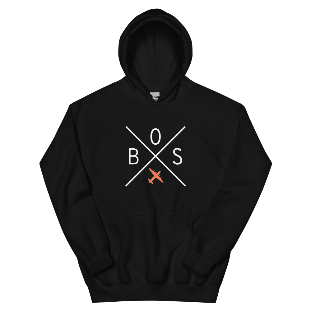 YHM Designs - BOS Boston Airport Code Unisex Hoodie - Crossed-X Design with Vintage Aircraft - Image 02