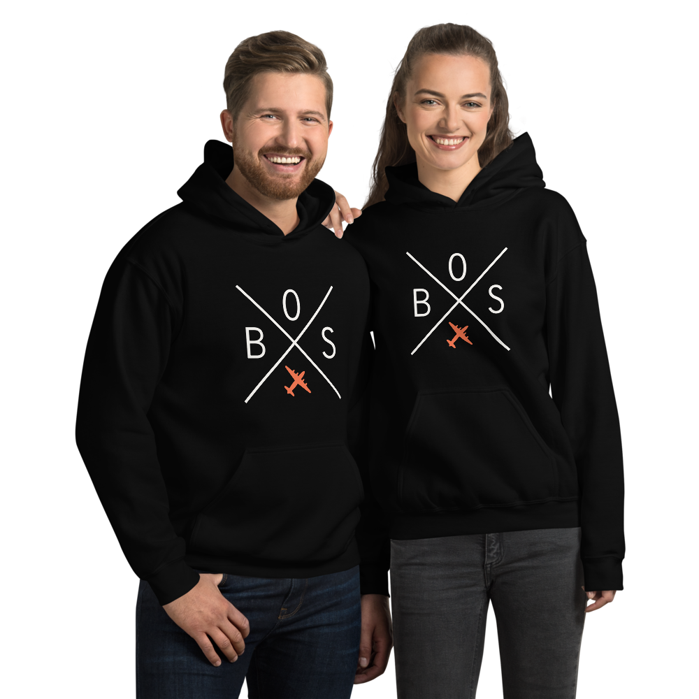 YHM Designs - BOS Boston Airport Code Unisex Hoodie - Crossed-X Design with Vintage Aircraft - Image 03
