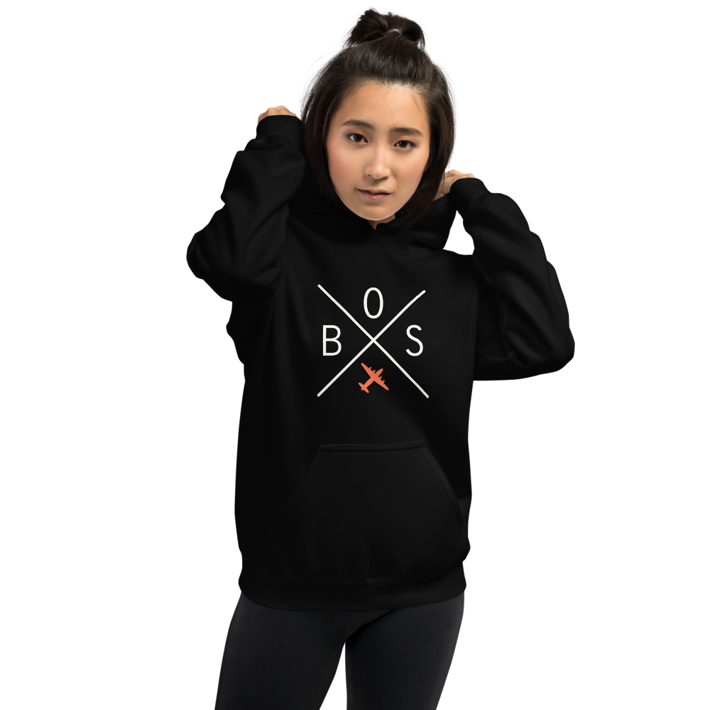 YHM Designs - BOS Boston Airport Code Unisex Hoodie - Crossed-X Design with Vintage Aircraft - Image 04