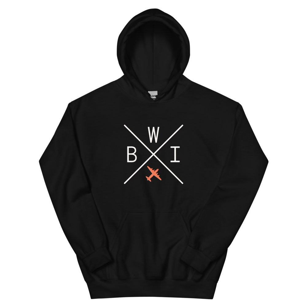 YHM Designs - BWI Baltimore-Washington Airport Code Unisex Hoodie - Crossed-X Design with Vintage Aircraft - Image 02