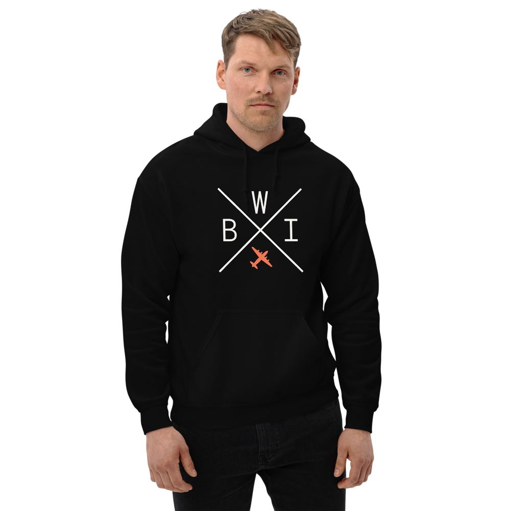YHM Designs - BWI Baltimore-Washington Airport Code Unisex Hoodie - Crossed-X Design with Vintage Aircraft - Image 05