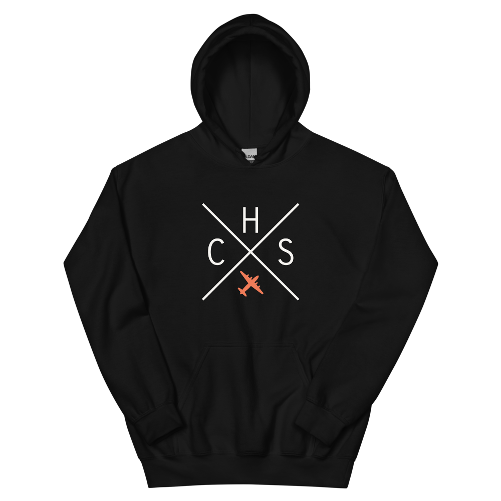 YHM Designs - CHS Charleston Airport Code Unisex Hoodie - Crossed-X Design with Vintage Aircraft - Image 02