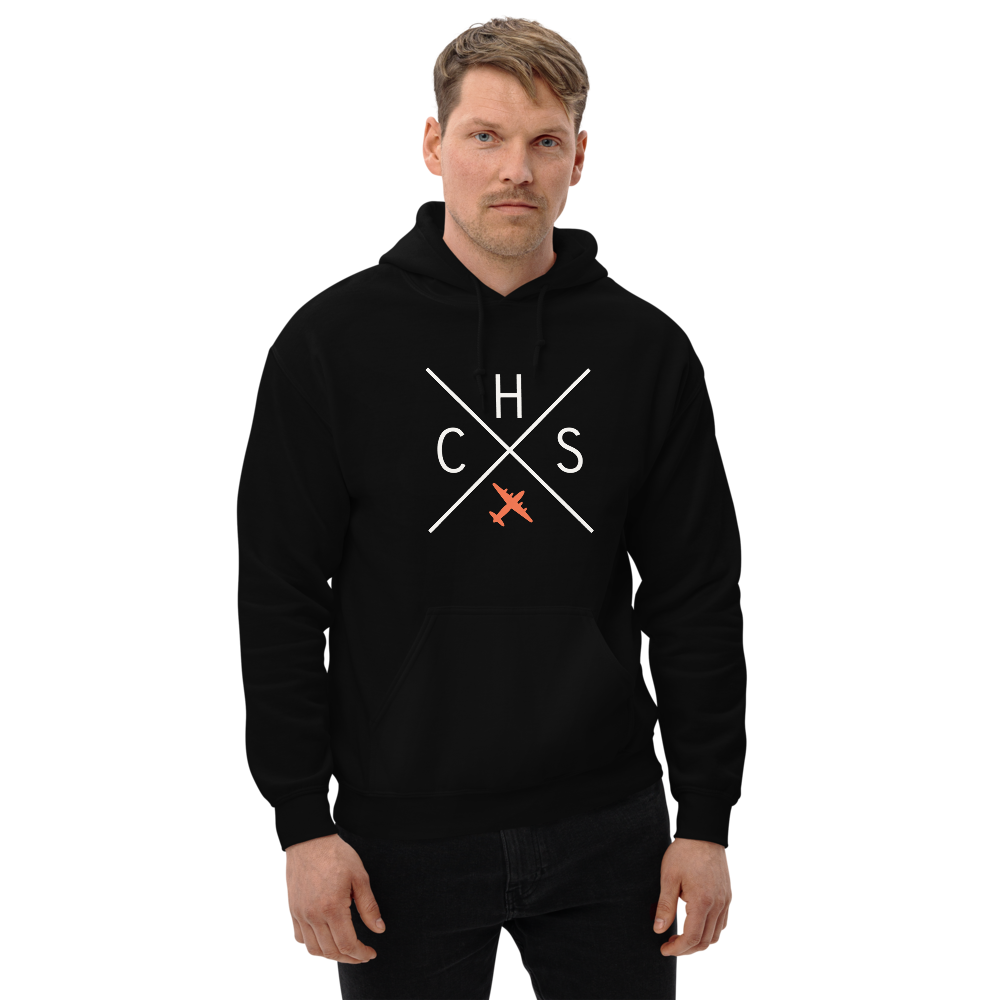 YHM Designs - CHS Charleston Airport Code Unisex Hoodie - Crossed-X Design with Vintage Aircraft - Image 05