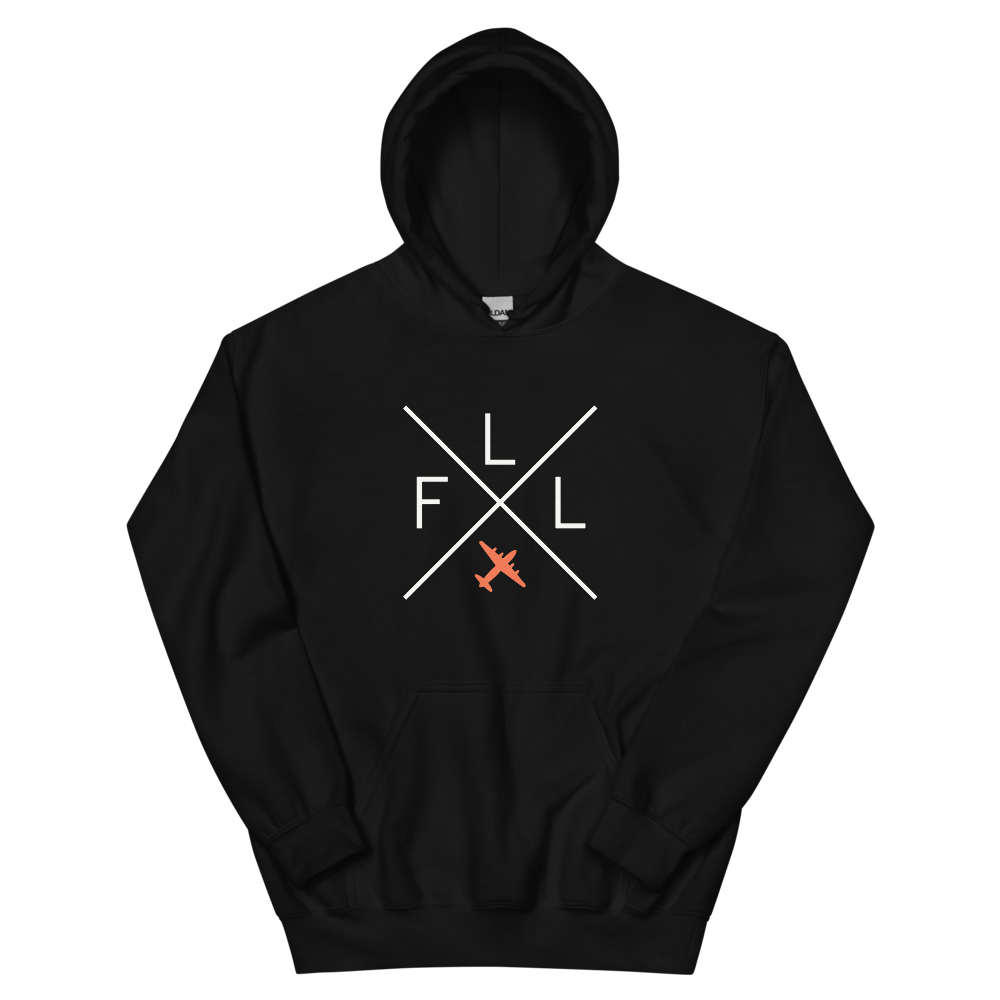 YHM Designs - FLL Fort Lauderdale Airport Code Unisex Hoodie - Crossed-X Design with Vintage Aircraft - Image 02