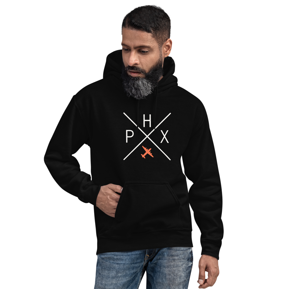YHM Designs - PHX Phoenix Airport Code Unisex Hoodie - Crossed-X Design with Vintage Aircraft - Image 01