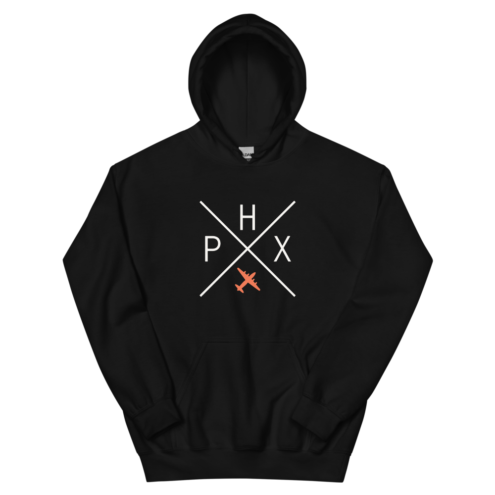 YHM Designs - PHX Phoenix Airport Code Unisex Hoodie - Crossed-X Design with Vintage Aircraft - Image 02