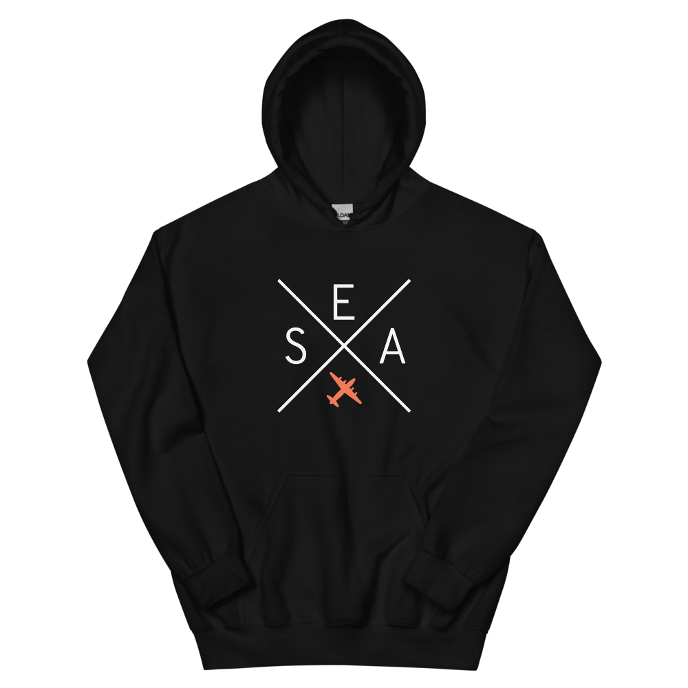 YHM Designs - SEA Seattle Airport Code Unisex Hoodie - Crossed-X Design with Vintage Aircraft - Image 02