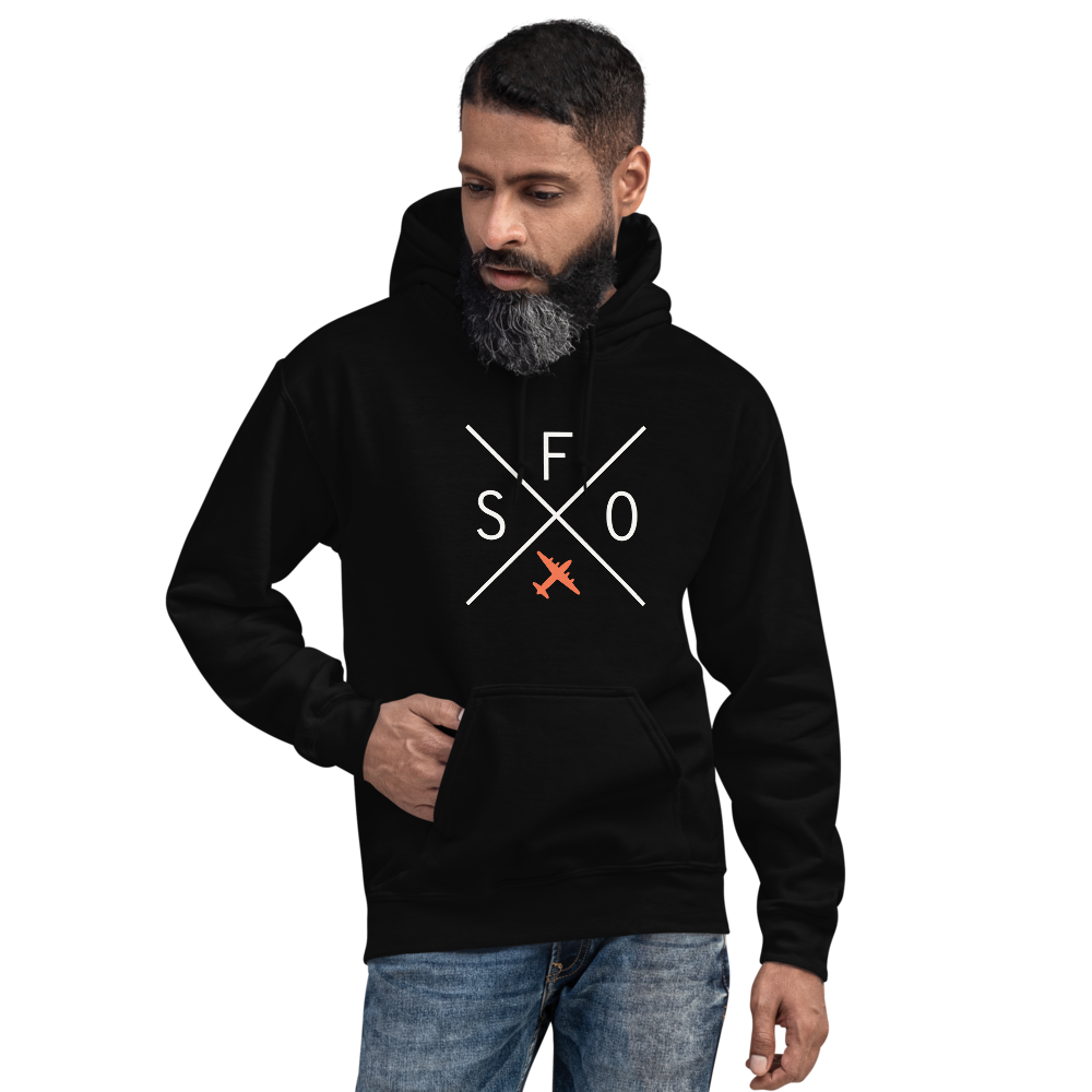YHM Designs - SFO San Francisco Airport Code Unisex Hoodie - Crossed-X Design with Vintage Aircraft - Image 01