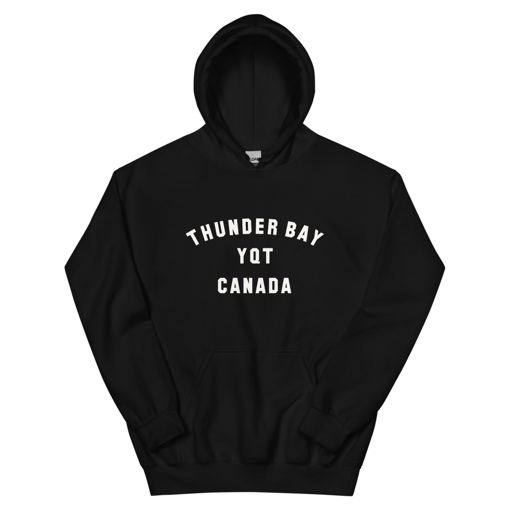 YHM Designs - YQT Thunder Bay Airport Code Unisex Hoodie - Minimalist Varsity Design - White Graphic - Image 02