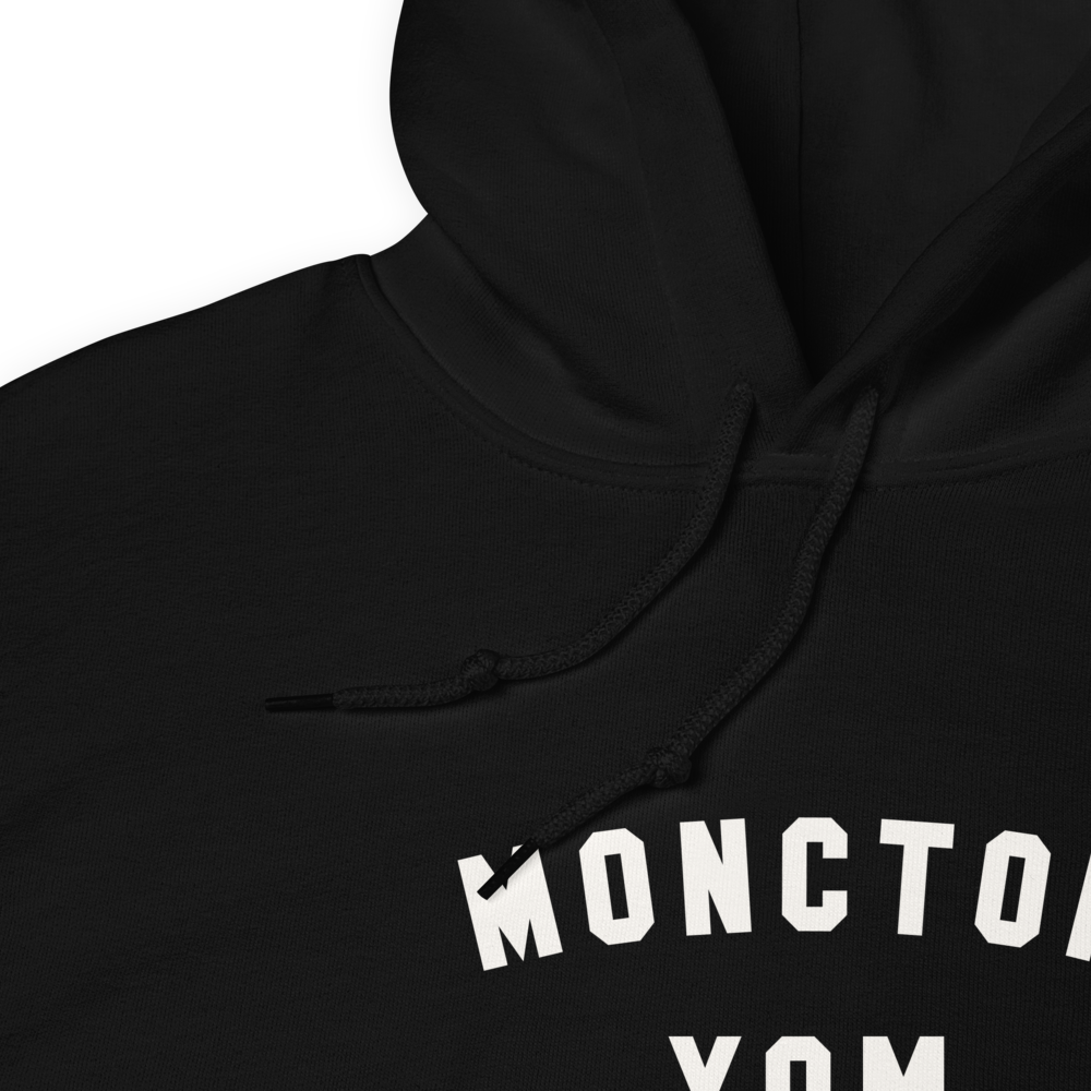 YHM Designs - YQM Moncton Airport Code Unisex Hoodie - Minimalist Varsity Design - White Graphic - Image 06