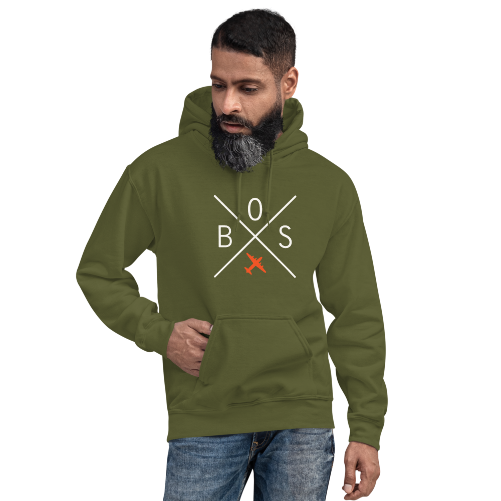 YHM Designs - BOS Boston Airport Code Unisex Hoodie - Crossed-X Design with Vintage Aircraft - Image 09