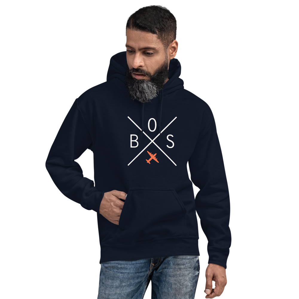 YHM Designs - BOS Boston Airport Code Unisex Hoodie - Crossed-X Design with Vintage Aircraft - Image 07