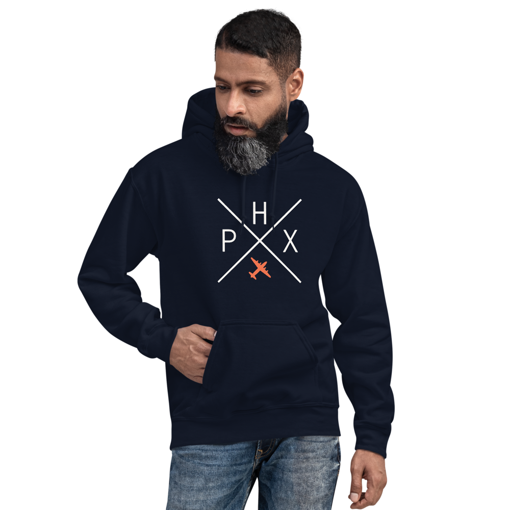 YHM Designs - PHX Phoenix Airport Code Unisex Hoodie - Crossed-X Design with Vintage Aircraft - Image 07