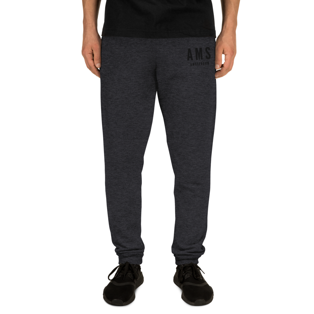 YHM Designs - AMS Amsterdam Joggers, Sweatpants - Embroidered with City Name and Airport Code - Image 01