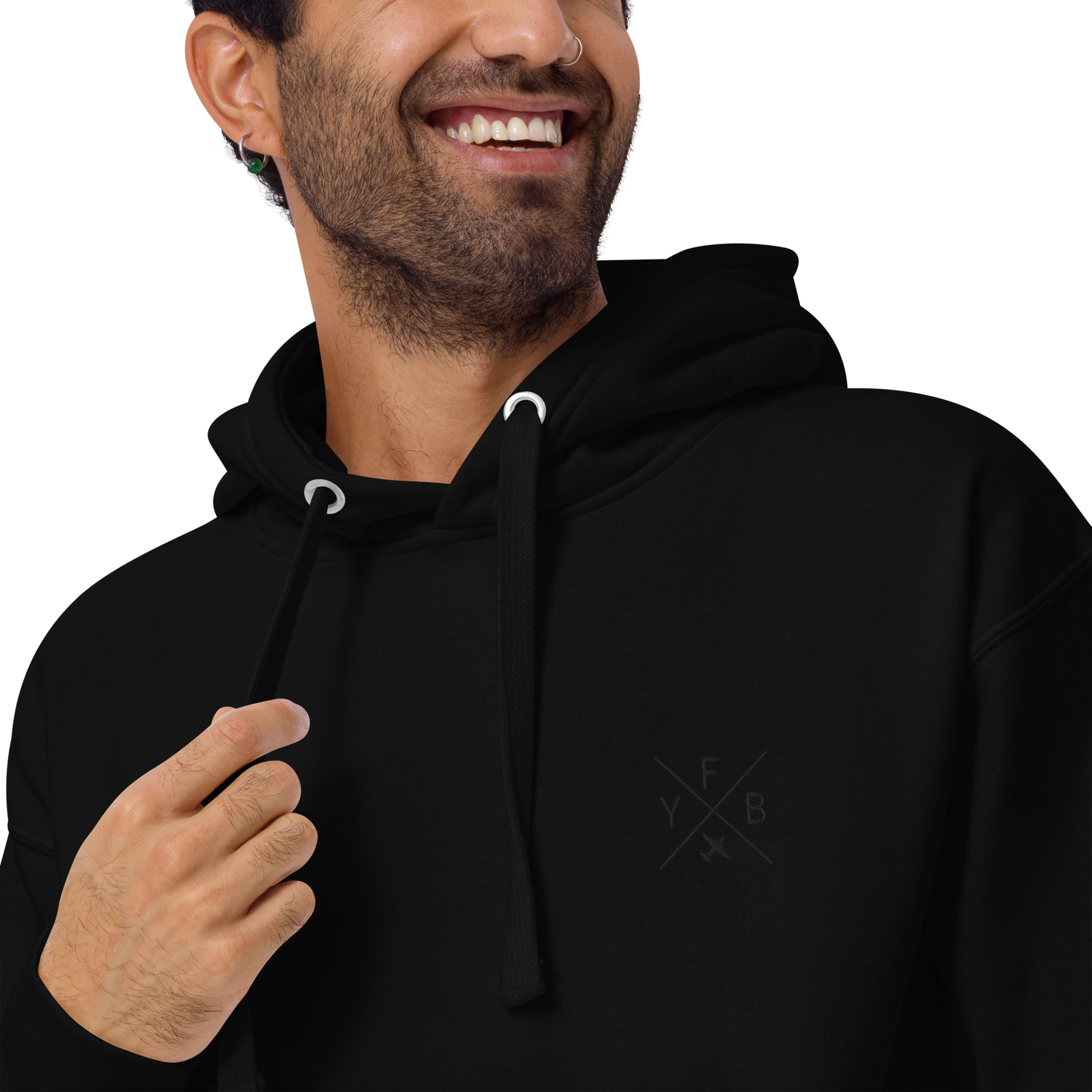 YHM Designs - YFB Iqaluit Premium Hoodie - Crossed-X Design with Airport Code and Vintage Propliner - Black Embroidery - Image 10