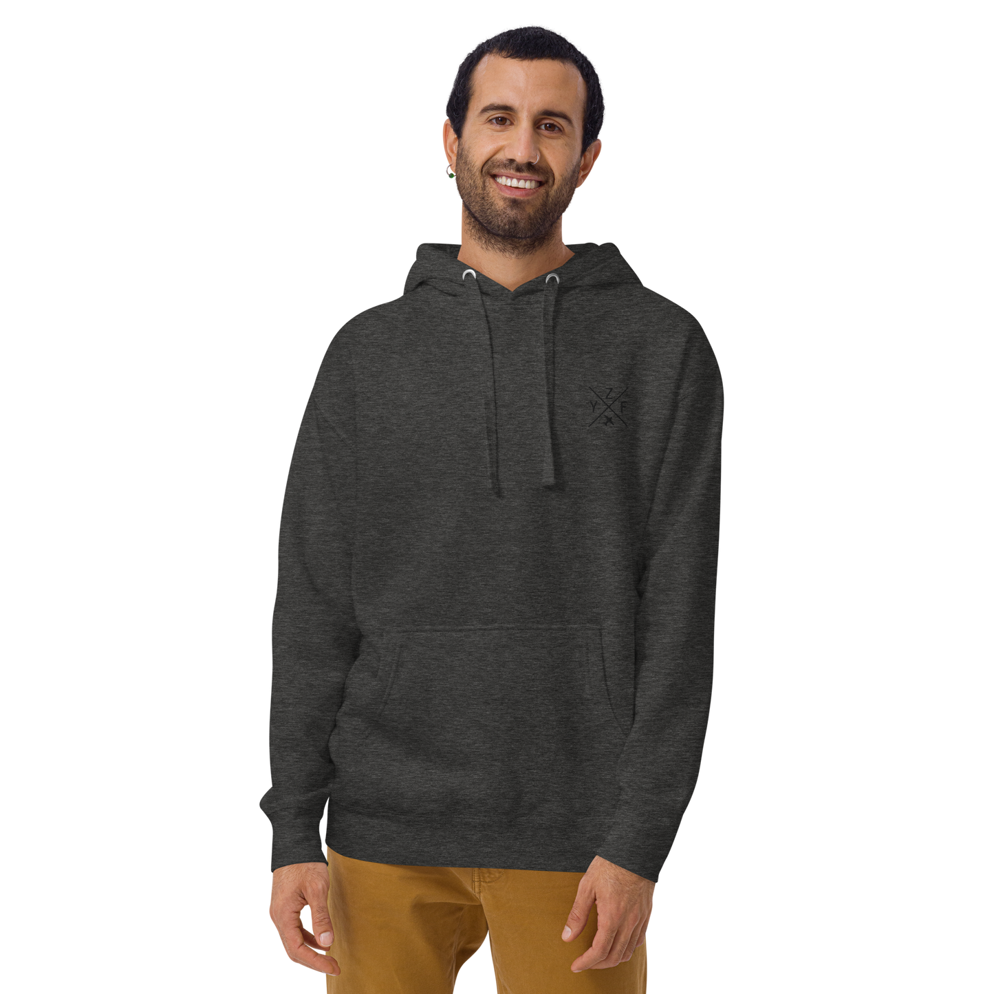 YHM Designs - YZF Yellowknife Premium Hoodie - Crossed-X Design with Airport Code and Vintage Propliner - Black Embroidery - Image 11
