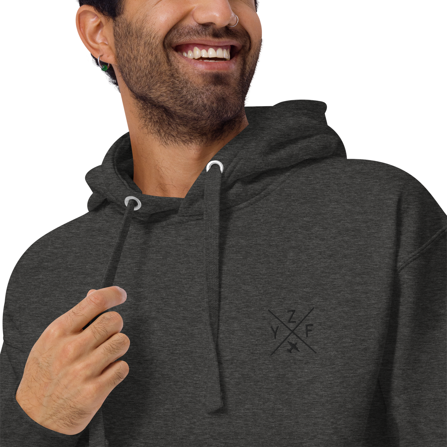 YHM Designs - YZF Yellowknife Premium Hoodie - Crossed-X Design with Airport Code and Vintage Propliner - Black Embroidery - Image 12