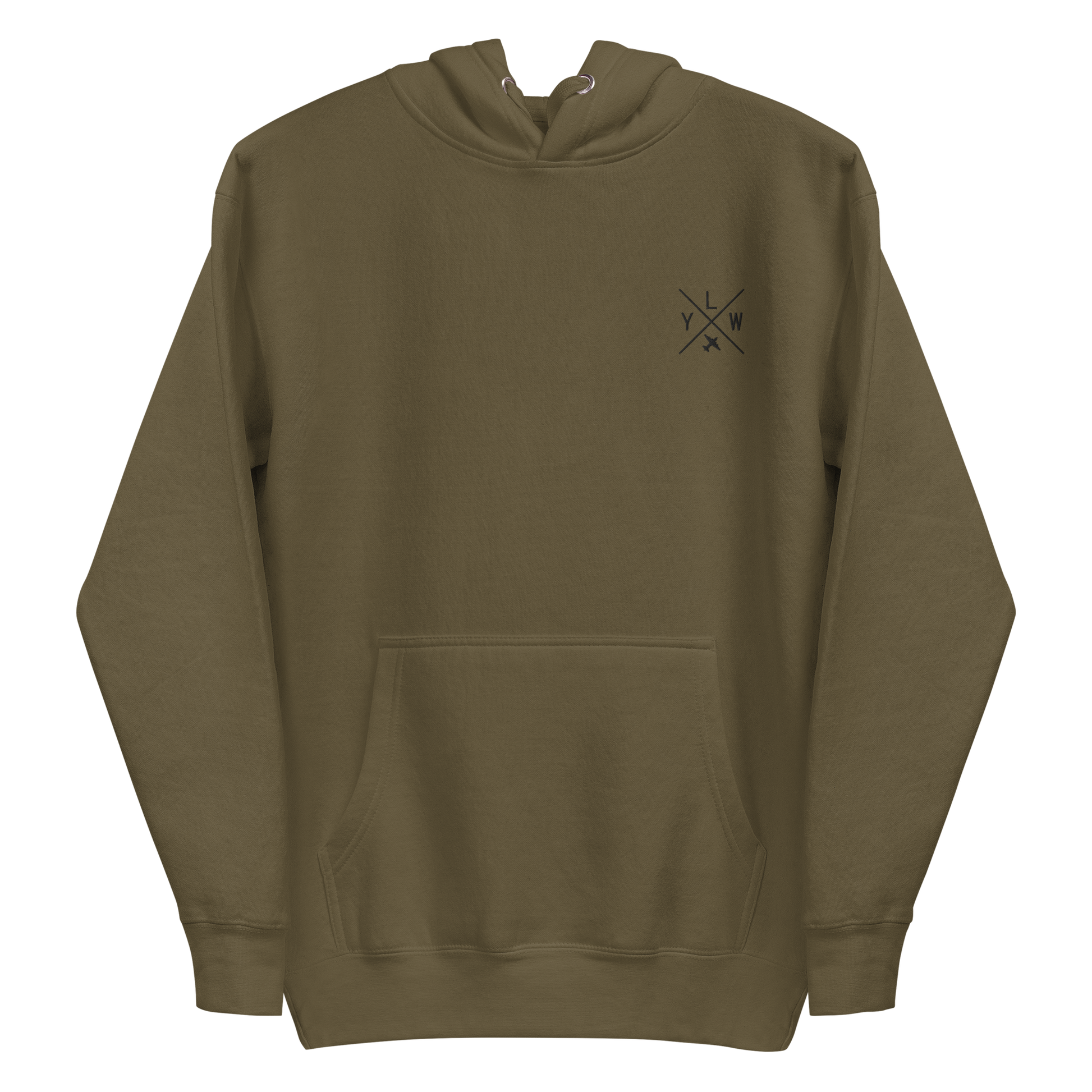 YHM Designs - YLW Kelowna Premium Hoodie - Crossed-X Design with Airport Code and Vintage Propliner - Black Embroidery - Image 06