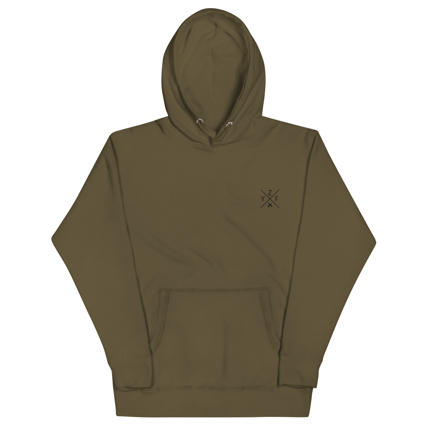 YHM Designs - YZF Yellowknife Premium Hoodie - Crossed-X Design with Airport Code and Vintage Propliner - Black Embroidery - Image 02