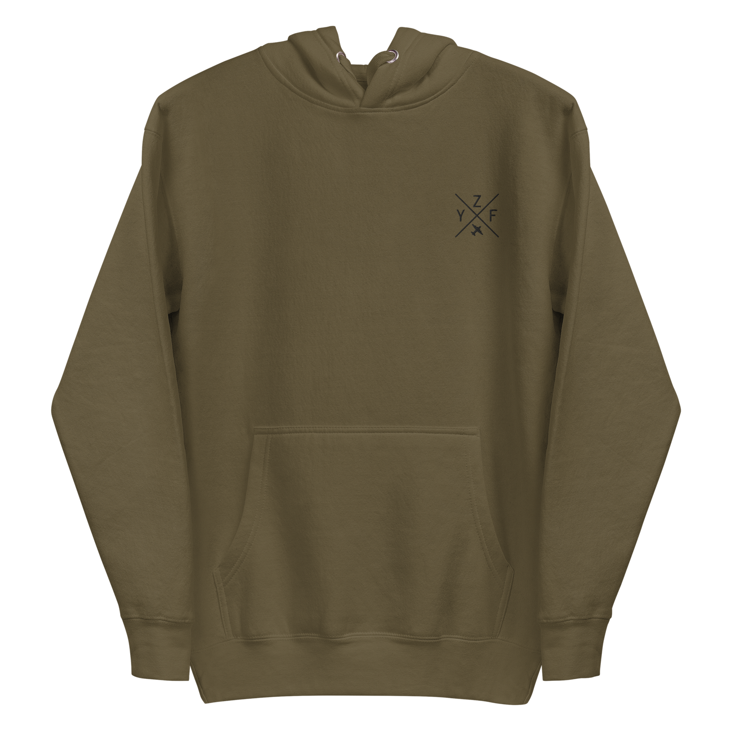 YHM Designs - YZF Yellowknife Premium Hoodie - Crossed-X Design with Airport Code and Vintage Propliner - Black Embroidery - Image 06