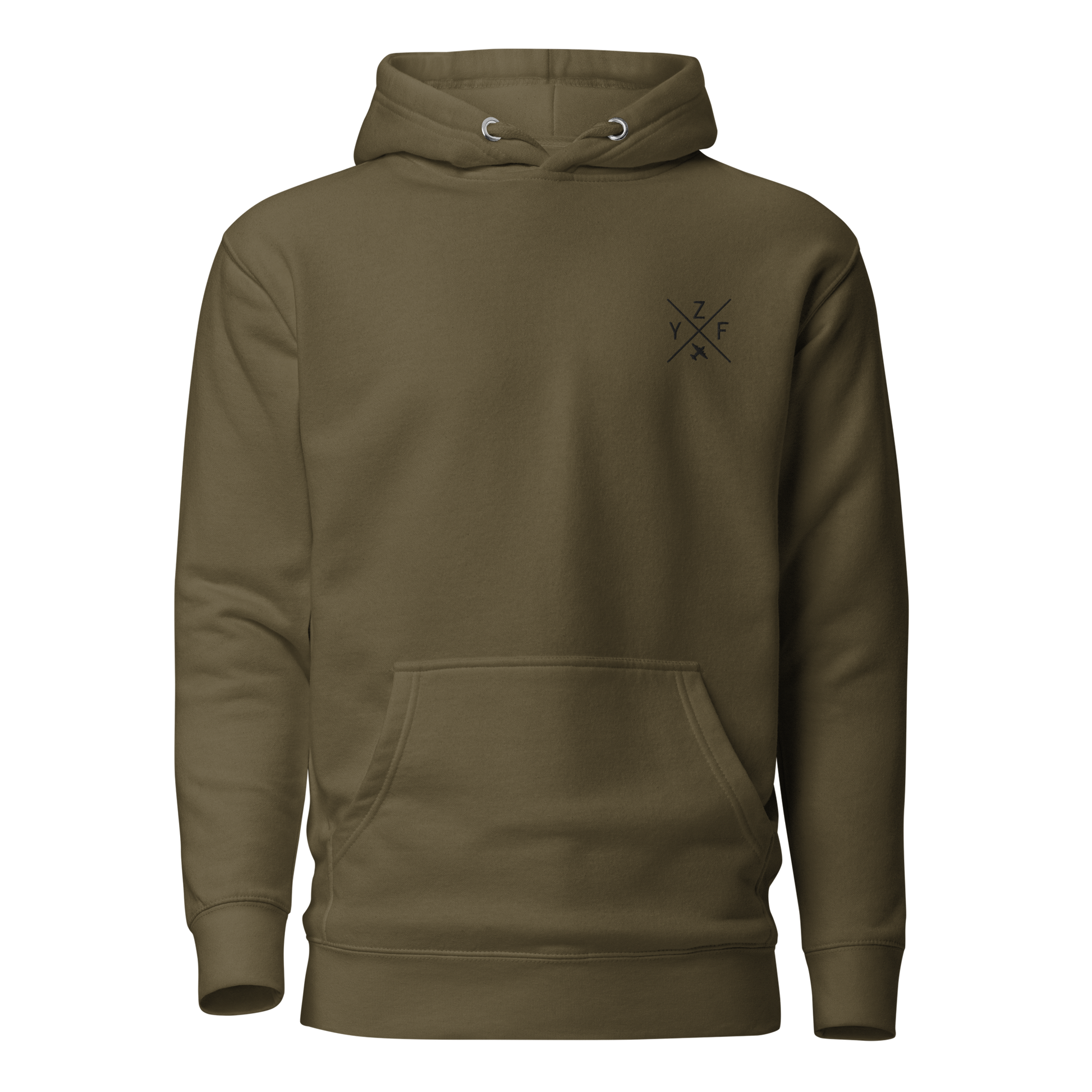 YHM Designs - YZF Yellowknife Premium Hoodie - Crossed-X Design with Airport Code and Vintage Propliner - Black Embroidery - Image 07
