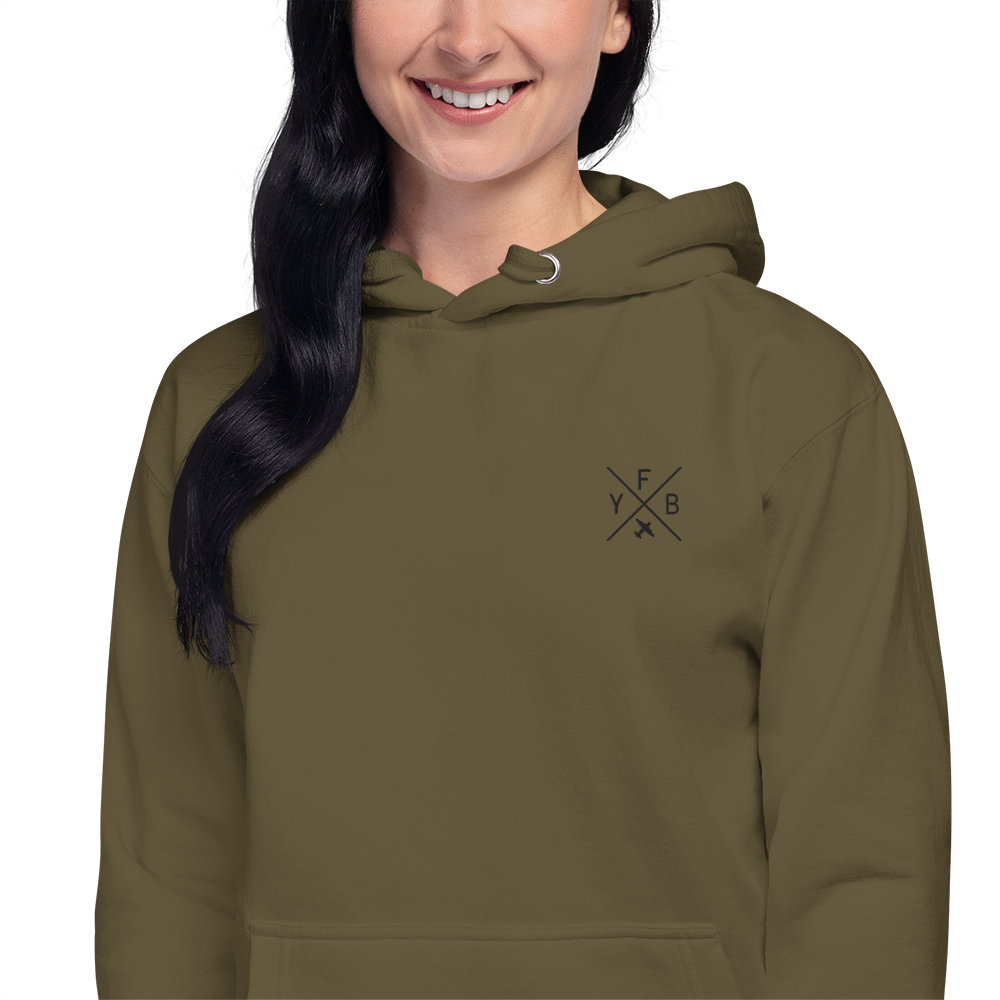YHM Designs - YFB Iqaluit Premium Hoodie - Crossed-X Design with Airport Code and Vintage Propliner - Black Embroidery - Image 03