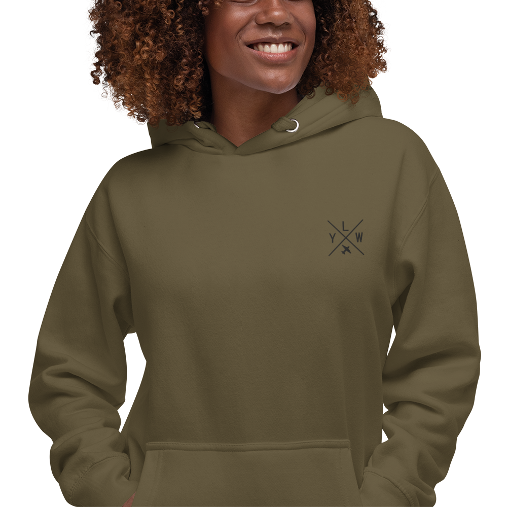 YHM Designs - YLW Kelowna Premium Hoodie - Crossed-X Design with Airport Code and Vintage Propliner - Black Embroidery - Image 04