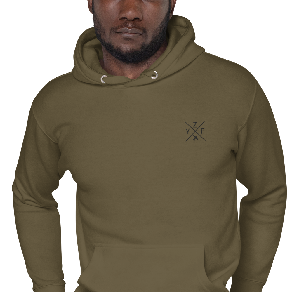 YHM Designs - YZF Yellowknife Premium Hoodie - Crossed-X Design with Airport Code and Vintage Propliner - Black Embroidery - Image 05