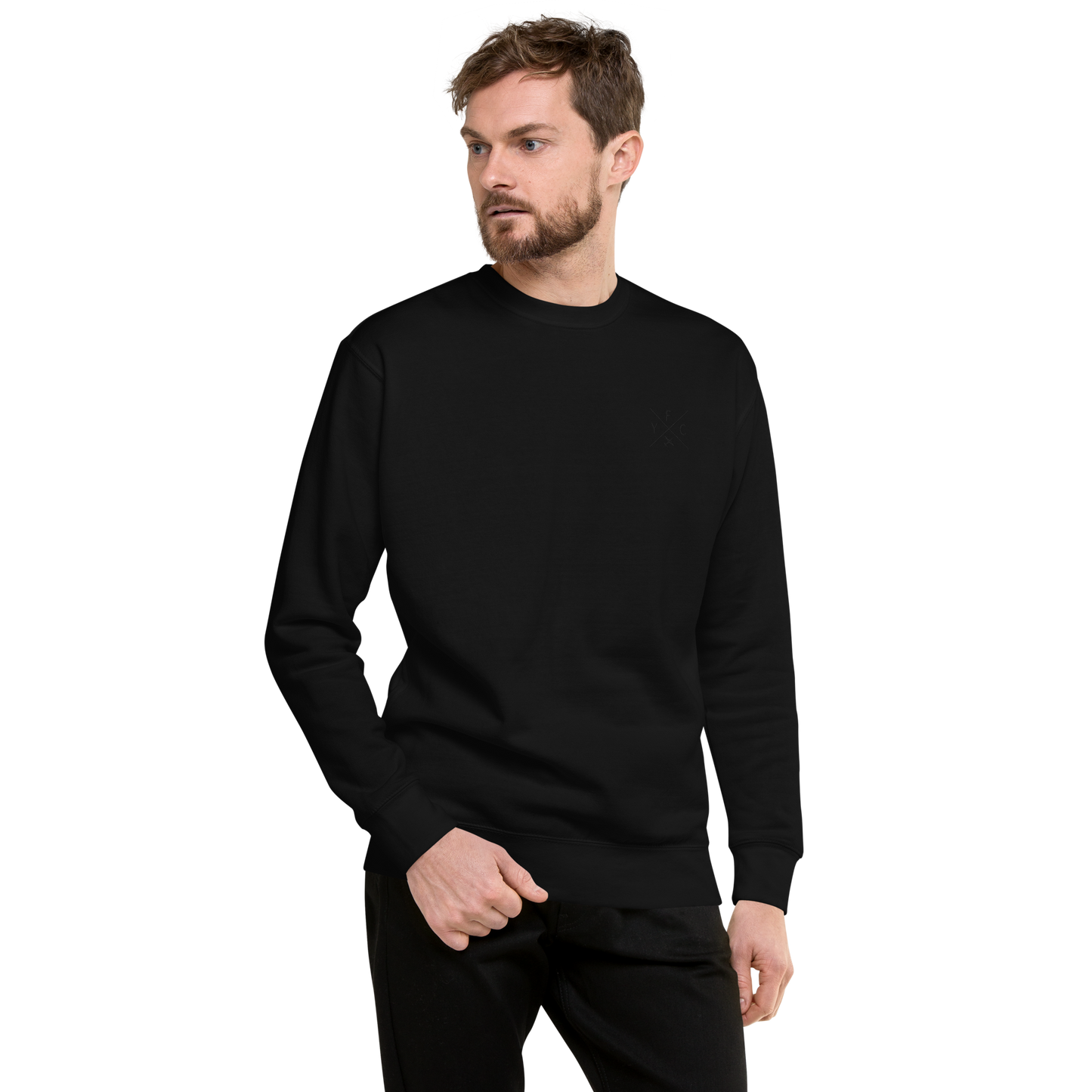 YHM Designs - YFC Fredericton Premium Sweatshirt - Crossed-X Design with Airport Code and Vintage Propliner - Black Embroidery - Image 06